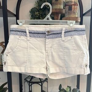 White Roll-Cuff Jean Shorts with Striped Waistband
